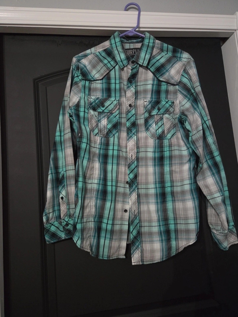 Men's Plaid Button-Down Shirt - Turquoise/White by Purple